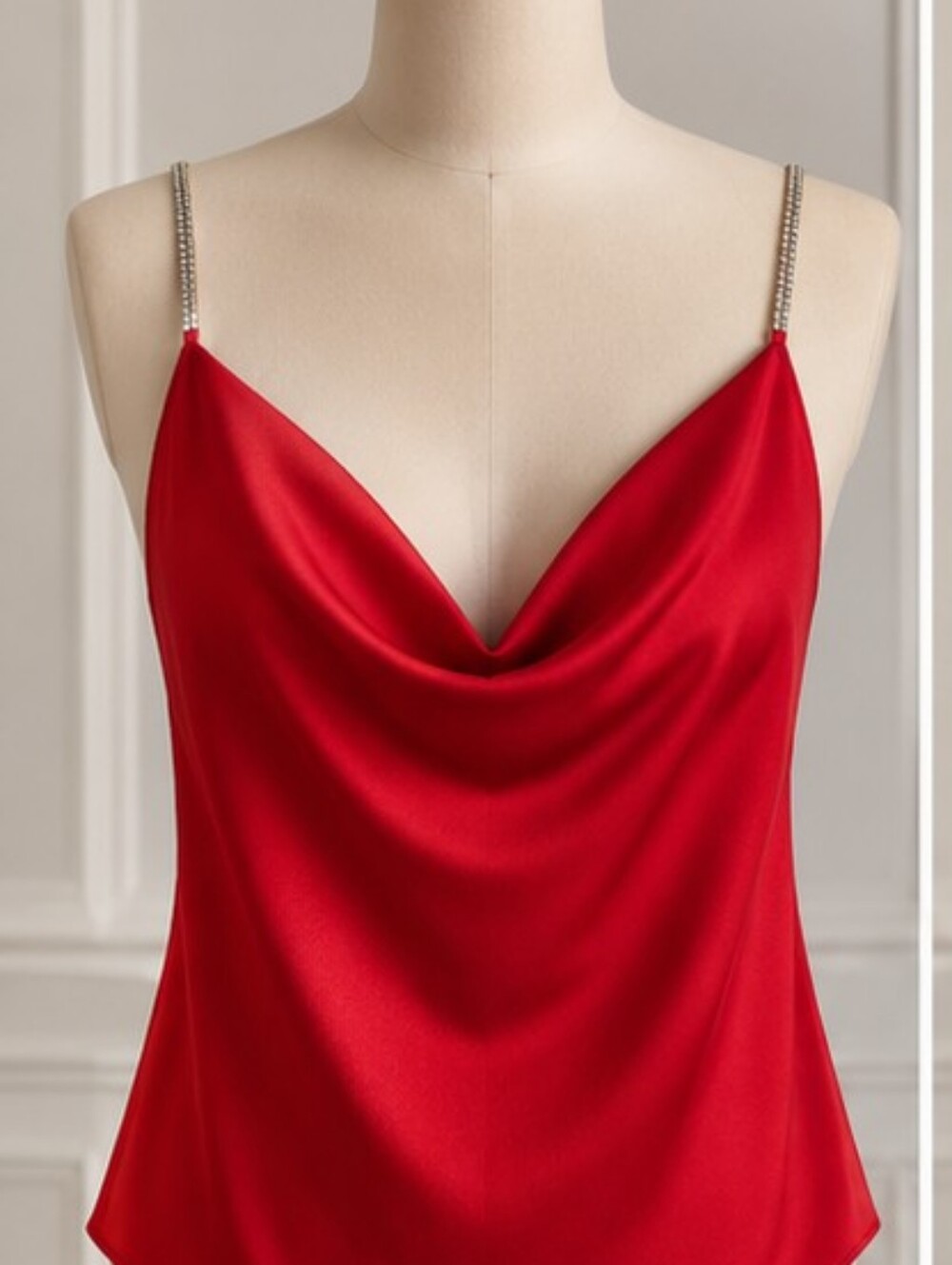 Red Satin Cowl Neck Camisole with Rhinestone Straps